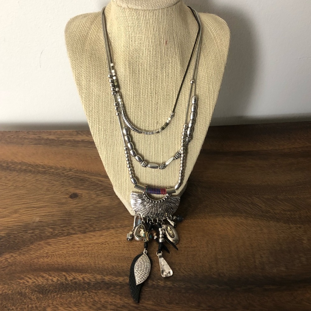 Boho layered Necklace with feathers Silver beaded